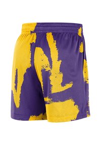 Lila-gelbe Netz-Sportshorts mit einem abstrakten Farbspritzmuster und einem elastischen Bund.