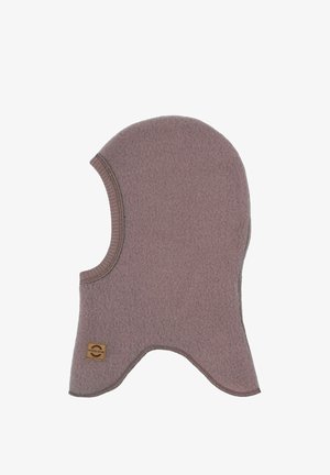 Balaclava in pile marrone con parte superiore arrotondata e design con faccia aperta. Presenta un piccolo patch logo sul lato e un tessuto testurizzato per il calore.