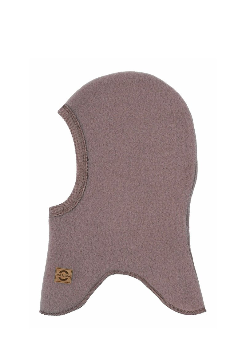 Braune Fleece-Balaklava mit abgerundetem Oberteil und offenem Gesicht. Verfügt über ein kleines Logo-Patch an der Seite und strukturierter Stoff für zusätzliche Wärme.