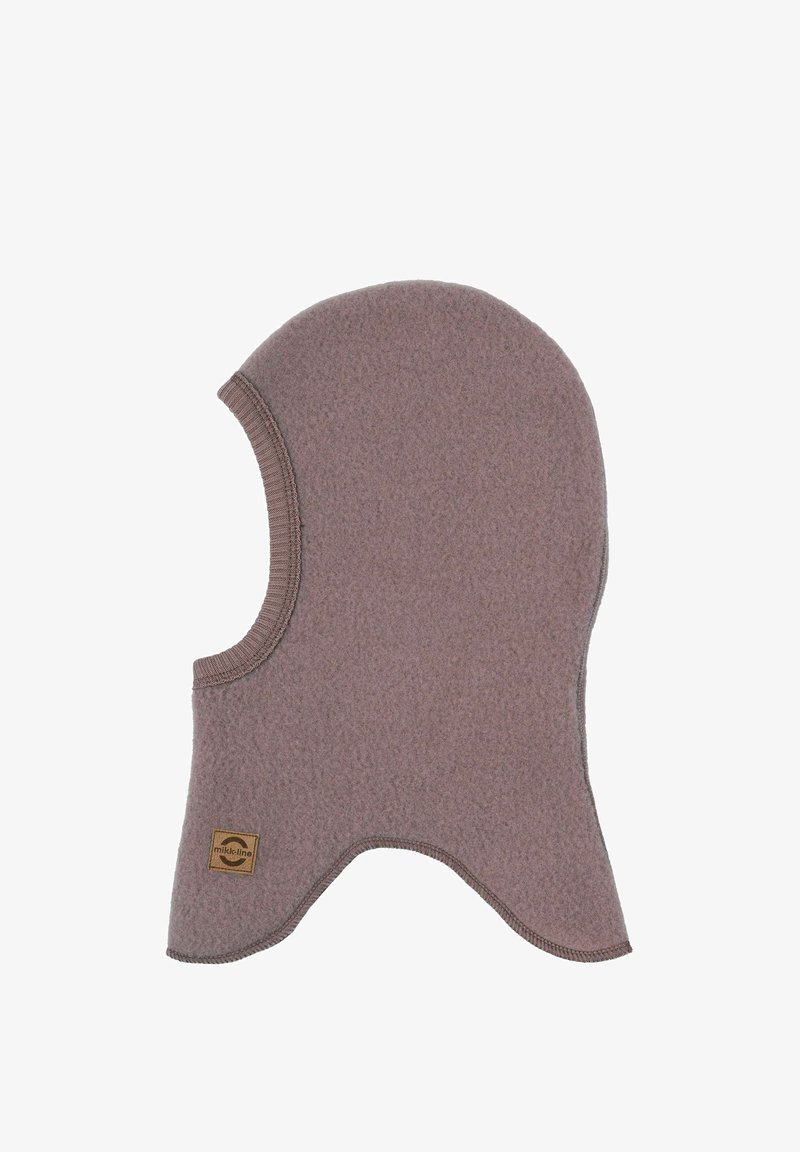 Braune Fleece-Balaklava mit abgerundetem Oberteil und offenem Gesicht. Verfügt über ein kleines Logo-Patch an der Seite und strukturierter Stoff für zusätzliche Wärme.