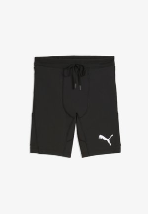 Shorts de sport noirs avec taille à cordon et logo Puma blanc sur la jambe gauche, présentés sur un fond blanc.