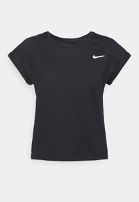 T-shirt nera a maniche corte in misto cotone, con scollo rotondo e logo Nike bianco sul petto a sinistra.