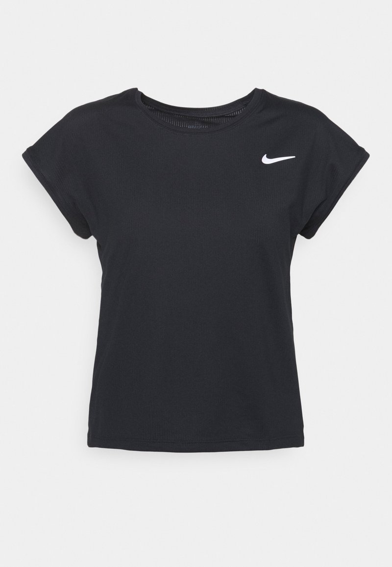 T-shirt nera a maniche corte in misto cotone, con scollo rotondo e logo Nike bianco sul petto a sinistra.