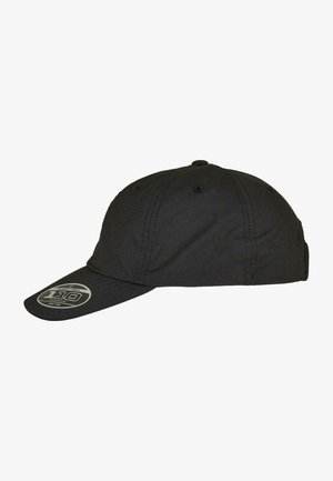Black baseball cap with a curved visor, made from textured fabric. Features a metal logo patch on the front and stitching accents.