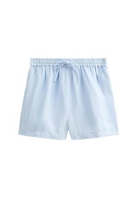 Vaaleansiniset puuvillahousut, joissa on joustava vyötärönauha ja kiristysnauha, rento leikkaus ja käännetty lahje.