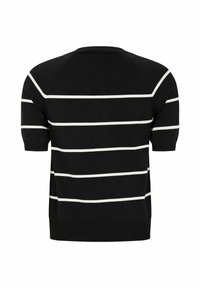 Black short-sleeve sweater featuring white horizontal stripes, ribbed neckline and hem, and a straight cut design.