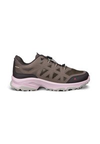 Chaussure de trail running marron et noire avec semelle rose, parties en mesh respirant et système de laçage rapide sur fond blanc.