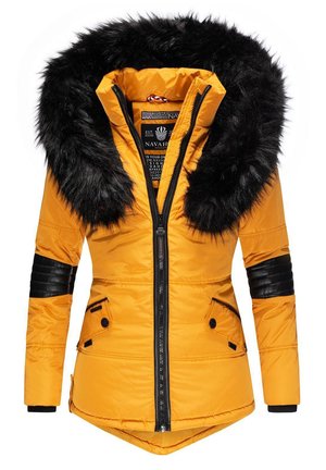 Yellow padded jacket with a black faux fur hood, zip closure, and zippered pockets. Features black accents on sleeves and a slim fit design.