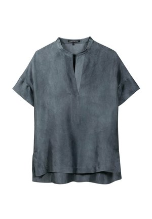 Charcoal gray short-sleeve blouse with mandarin collar and a V-neck slit, made from a soft, suede-like fabric.