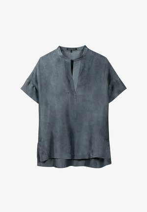 Charcoal gray short-sleeve blouse with mandarin collar and a V-neck slit, made from a soft, suede-like fabric.