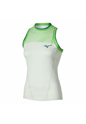 Haut athlétique sans manches blanc avec motif géométrique vert sur la partie supérieure de la poitrine, bordures vertes au niveau du col et des emmanchures, et logo vert foncé sur la poitrine.