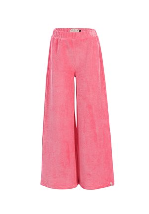 Roze corduroy broek met wijde pijpen en elastische tailleband, gemaakt van zachte, gestructureerde stof.