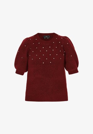 Czerwony dzianinowy sweter z krótkimi bufkami. Posiada małe ozdobne srebrne dodatki. Okrągły dekolt i żebrowany dół.