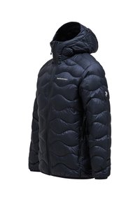 Navy puffer jacket with a hood, featuring a quilted design, smooth texture, full-length zipper, and logo on the chest and sleeve.