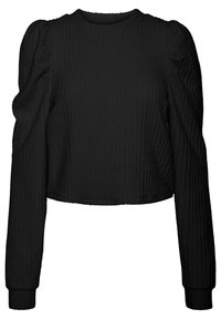 Jersey negro corto con mangas largas abullonadas. Tela texturizada con un patrón acolchado y cuello redondo. Puños elásticos.