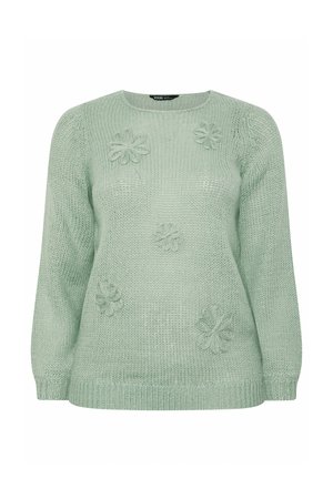 Hellgrüner gestrickter Pullover mit rundem Ausschnitt, langen Ärmeln und erhabenen Blumenmustern auf Vorderseite und Ärmeln.