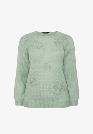 Hellgrüner gestrickter Pullover mit rundem Ausschnitt, langen Ärmeln und erhabenen Blumenmustern auf Vorderseite und Ärmeln.