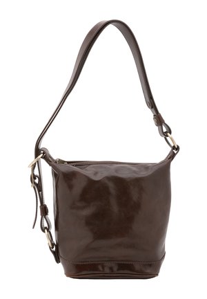Borsa a mano in pelle marrone con finitura liscia, tracolla singola regolabile e forma arrotondata e strutturata. Presenta dettagli in metallo dorato.