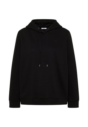 Zwarte hoodie van zacht materiaal. Beschikt over een voorste kangoeroezak, een verstelbare capuchon en een geborduurd logo op de borst.