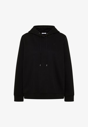 Musta huppari, joka on valmistettu pehmeästä kankaasta. Siinä on edessä kengurutasku, nauhalla säädettävä huppu ja kirjailtu logo rinnassa.