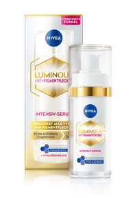 NIVEA Luminous Anti-Pigment Serum in a frosted glass bottle with a white pump, enclosed in a colorful cardboard box featuring a hexagonal design.