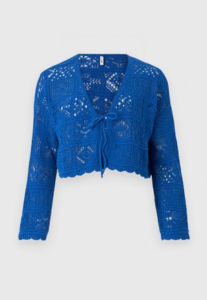 Cardigan croșetat bleu cu mâneci lungi, gât în V, închidere cu șnur în față, model deschis de tricot și margine zimțată. Design ușor și texturat.