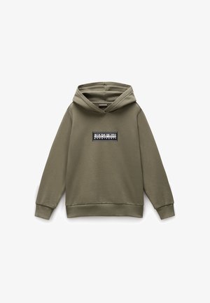 Sweatshirt à capuche couleur olive, en mélange de coton doux. Présente une pièce de logo rectangulaire noire et blanche sur la poitrine, avec des poignets et un ourlet côtelés.