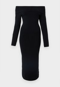 Abito nero con scollatura a barca e maniche lunghe, silhouette aderente, lunghezza al polpaccio, realizzato in tessuto elasticizzato, texture liscia senza motivi.