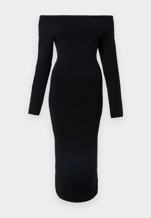 Juoda suknele be petnešėlių su ilgomis rankovėmis, aptempiančia silueto forma, siekianti vidurinę blauzdos dalį, pagaminta iš tamprios medžiagos, lygaus paviršiaus be raštų.