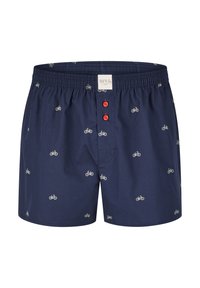 Námořnické modré bavlněné boxerky s drobnými bílými potisky bicyklů, elastický pás a dva červené knoflíky vpředu.