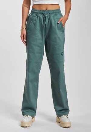 Pantaloni jogger di colore verde chiaro, larghi e comodi, con vita elasticizzata, coulisse, due tasche frontali e stampa del logo sulla coscia.