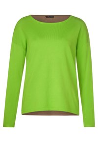 Grön långärmad tröja med bred rund halsringning och sänkta axlar. Slät textur, avslappnad passform och en bågformad fåll.