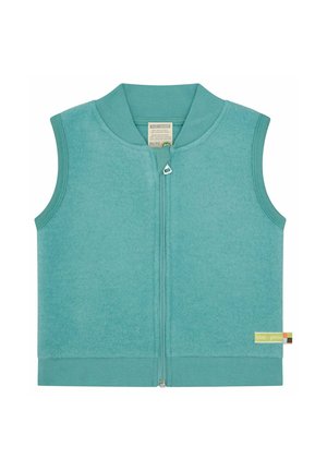 Mouwloze turquoise fleece-vest voor kinderen met ritssluiting aan de voorkant en geribde kraag en zoom, label met opschrift "loud + proud" aan de zijkant.