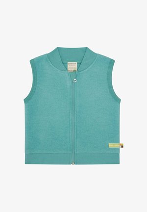 Mouwloze turquoise fleece-vest voor kinderen met ritssluiting aan de voorkant en geribde kraag en zoom, label met opschrift "loud + proud" aan de zijkant.