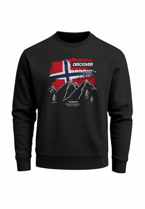 Black sweatshirt with a red, white, and blue Nordic cross, mountain and tree outlines, and text reading "DISCOVER" and "NEVERLESS."