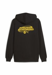Sort hættebluse med et gult Borussia Dortmund-logo på ryggen, i en blød kvalitet og med normal pasform. Inkluderer en hætte med snøre.