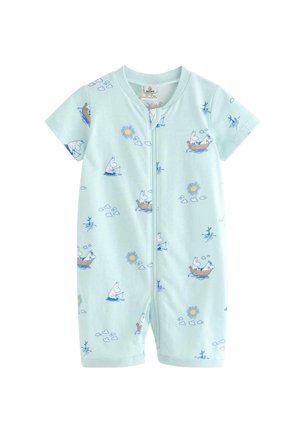 Lyseblå kortærmet babyheldragt med lynlås, med tryk af tegneseriefigurer der sejler båd, fisker, sol og skyer.