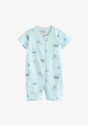 Vaaleansininen lyhythihainen vauvan haalari, jossa on vetoketju. Haalarissa on sarjakuvahahmoja veneilemässä, kalastamassa sekä auringon ja pilvien kuvitus.