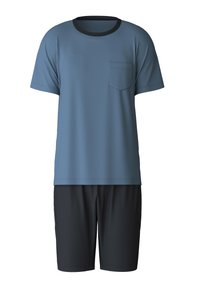 Blauw overhemd met korte mouwen en een zak, afgewerkt met zwarte rand, gecombineerd met zwarte shorts. Gemaakt van zachte stof, met een ontspannen pasvorm en een eenvoudig ontwerp.
