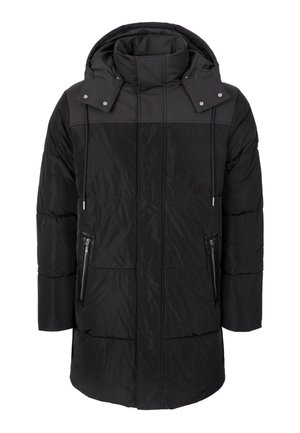 Zwarte lange gewatteerde jas met aangehechte capuchon, hoge kraag, twee voorzakken met rits en drukknoopsluitingen op de schouderkleppen.