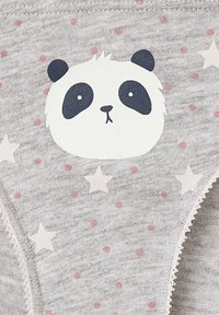 Grau mengefertigte Baumwollunterwäsche mit einem Pandagesicht-Graphic, pinken Punkten und Sternmustern. Mit einer Spitzenkante verziert.