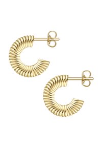 Zelta krāsas auskari ar izliekta, ribota dizaina, kas satur dobumu centrā un aizdari aizmugurē. Satur teksturētu virsmu papildu detaļām.