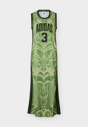 Robe verte sans manches Adidas avec le numéro 3, des bandes latérales noires et un motif abstrait crème complexe.