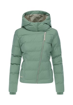 Zielona kurtka puchowa z zapięciem na zamek, szerokim kołnierzem i elastycznymi mankietami. Posiada pikowany wzór oraz gładkie, matowe wykończenie.