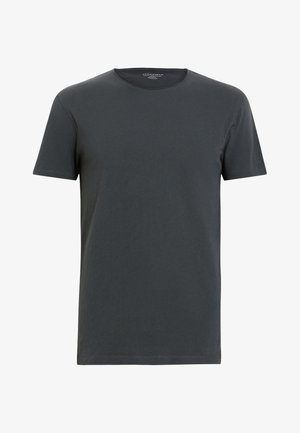 Dunkelgraues T-Shirt mit kurzen Ärmeln aus Baumwolle. Es hat einen Rundhalsausschnitt, einen normalen Schnitt und eine glatte Textur ohne Muster oder Akzente.