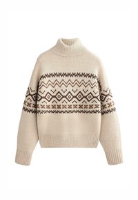 Pulover bej tricotat cu guler înalt, decorat cu modele geometrice maro pe piept și pe mâneci. Are manșete și tiv din material ribgat.