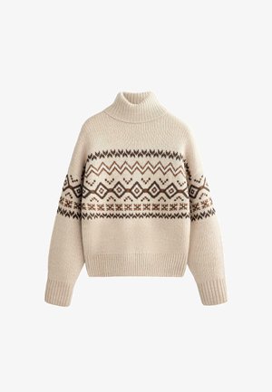 Beige gestrickter Rollkragenpullover mit geometrischen braunen Mustern über der Brust und an den Ärmeln. Mit gerippten Bündchen und Saum.