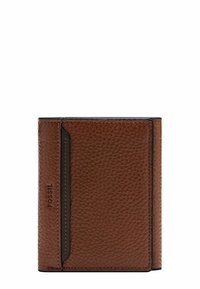 Brown leather wallet with a textured finish, featuring a black accent and stitching. Compact design with a visible brand logo.
