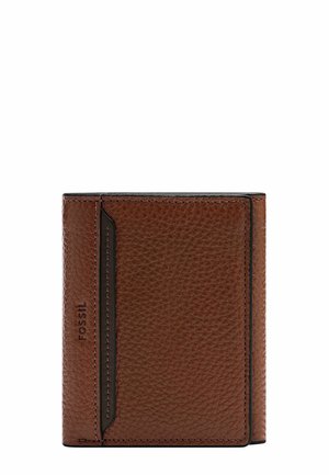 Brown leather wallet with a textured finish, featuring a black accent and stitching. Compact design with a visible brand logo.