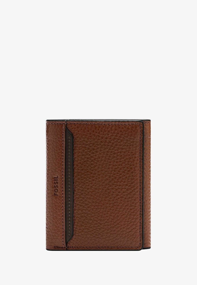 Brown leather wallet with a textured finish, featuring a black accent and stitching. Compact design with a visible brand logo.